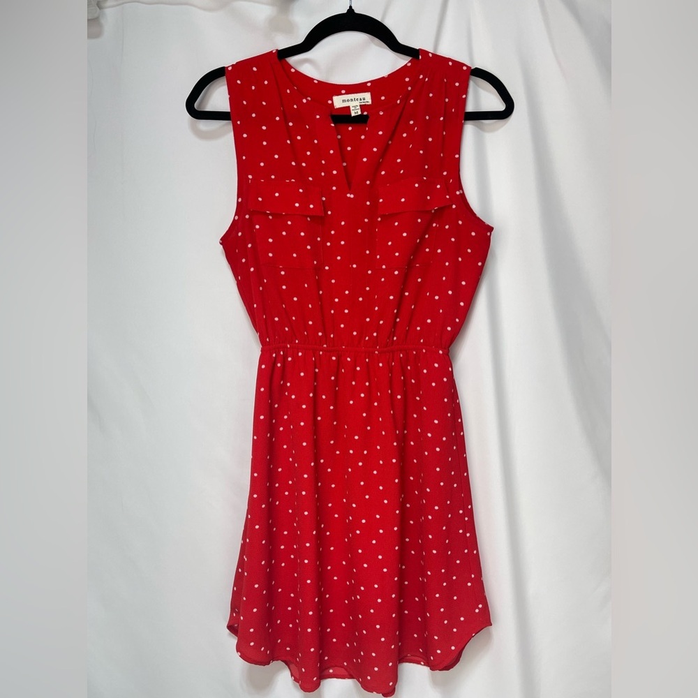 Monteau Los Angeles red polka dot sleeveless V-neck mini dress size M - Picture 11 of 16